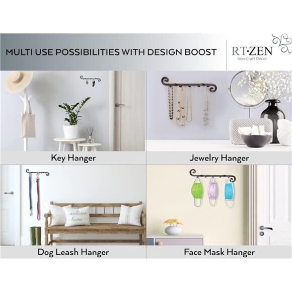 Farmhouse Small Key Holder for Wall - Handcrafted Swirl Decorative 5 Key Hooks - Picture 5 of 7